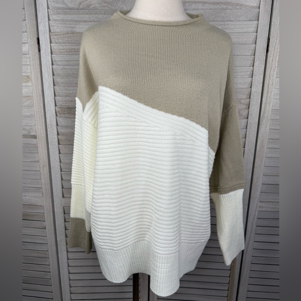Women's Ribbed Colorblock Mockneck Sweater Tan/Cream-XL
